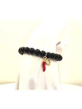 Heart Bracelet, Black Beaded Bracelet, Italian Horn Style Bracelet, Trendy Minim